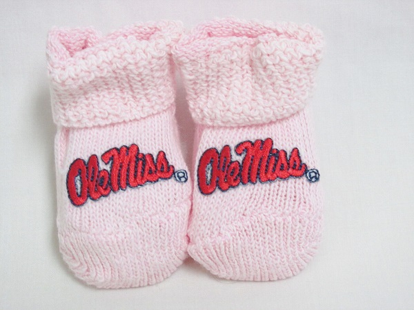 Ole Miss Branded Pink Newborn Baby Booties<BR>(Click on picture-FULL DETAILS)